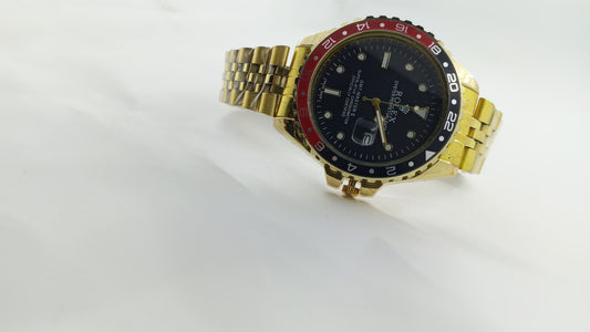 RLX Premium Gold Tone GMT-Master II Style Luxury Watch with Rotating Bezel