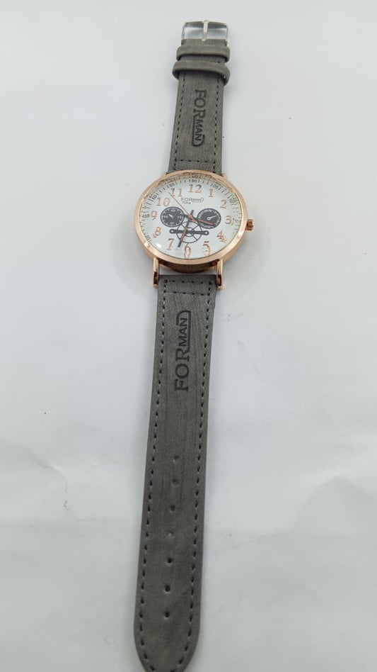 FORMAN Time Casual Luxury Men’s Watch – Rose Gold Case with Grey Textured Leather Strap
