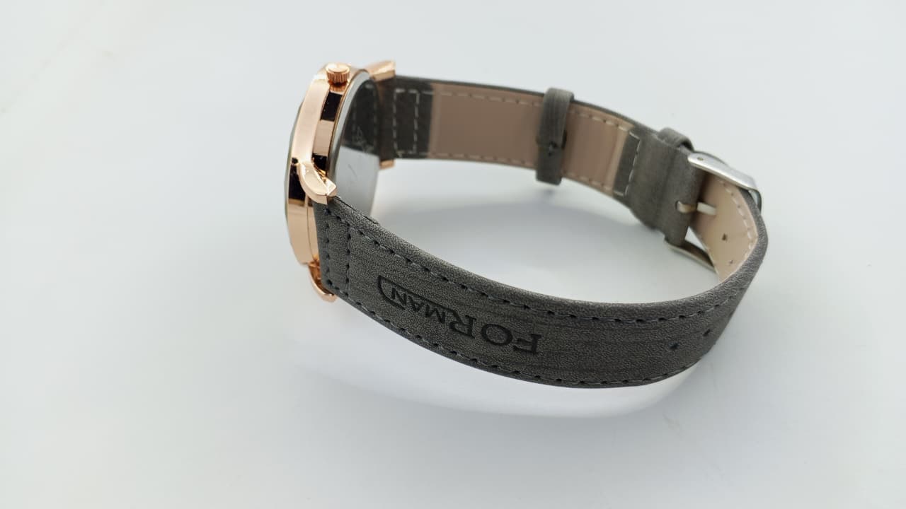 FORMAN Time Casual Luxury Men’s Watch – Rose Gold Case with Grey Textured Leather Strap