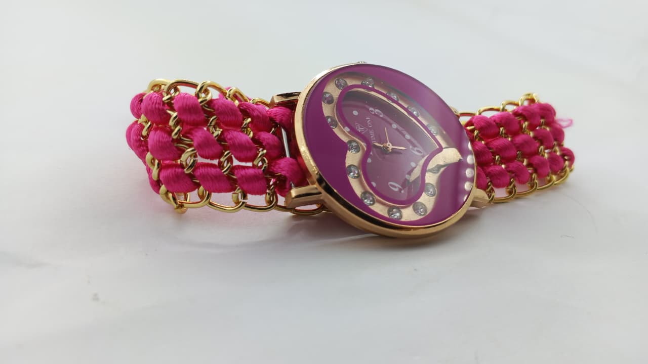 Timeone Fuchsia Collection – Women's Hot Pink Heart-Faced Gold Chain Bracelet Watch