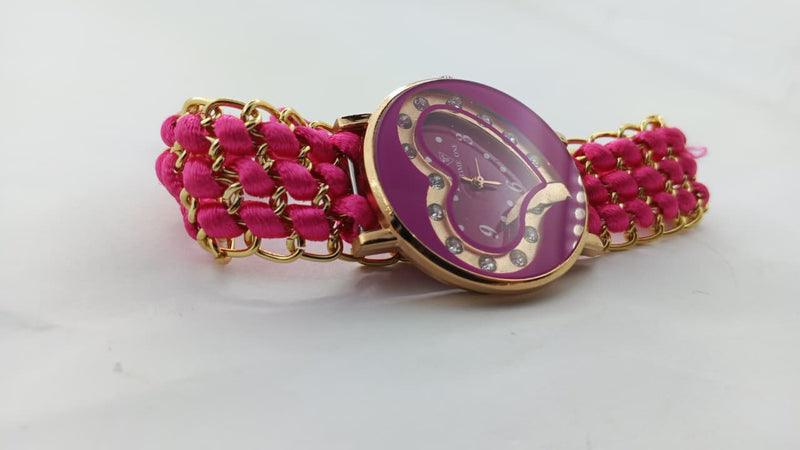 Timeone Fuchsia Collection – Women's Hot Pink Heart-Faced Gold Chain Bracelet Watch