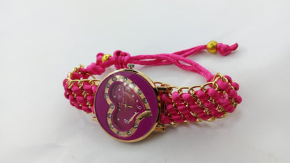 Timeone Fuchsia Collection – Women's Hot Pink Heart-Faced Gold Chain Bracelet Watch