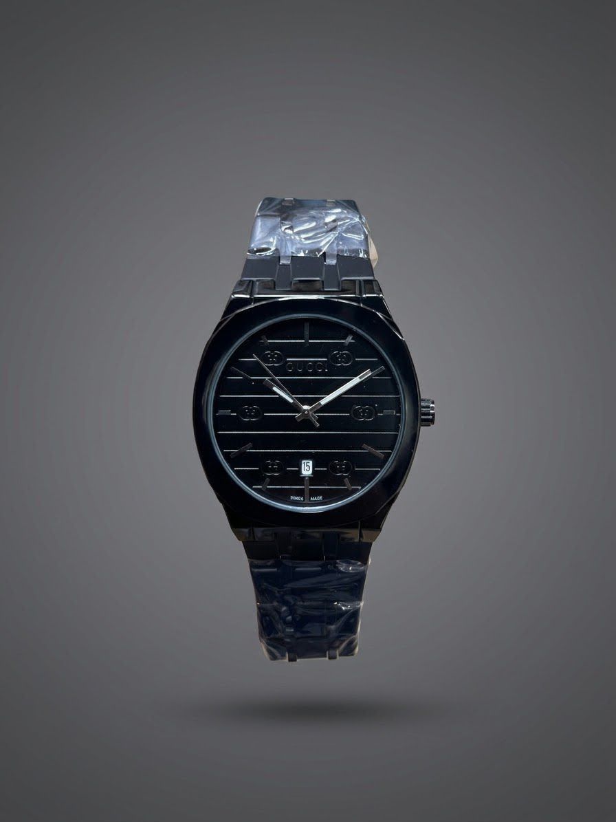 Guc-ci Stainless Steel Men's Analog Watch with Date Display – Silver & Black Dial