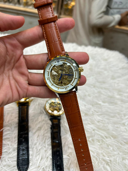 RLX Skeleton Dial Men's Analog Watch – Gold Tone Case with Premium Leather Strap Brown