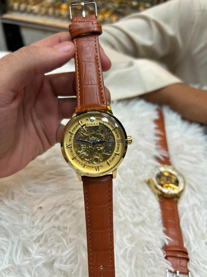 RLX Skeleton Dial Men's Analog Watch – Gold Tone Case with Premium Leather Strap Brown