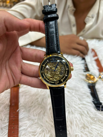 RLX Skeleton Dial Men's Analog Watch – Gold Tone Case with Premium Leather Strap Black