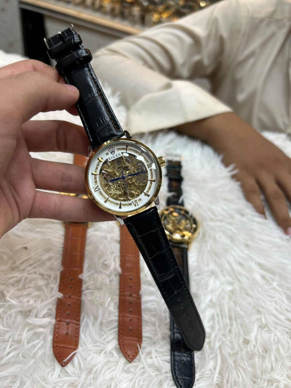RLX Skeleton Dial Men's Analog Watch – Gold Tone Case with Premium Leather Strap Black