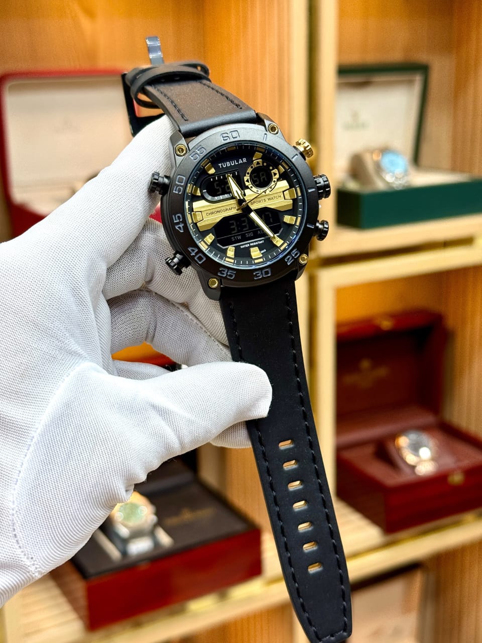 Tubular Dual Display Sports Watch – Black & Gold | Premium Leather Strap