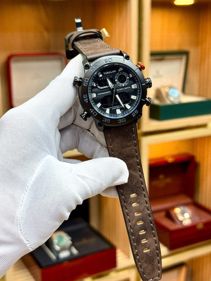 Tubular Dual Display Sports Watch – Black & Gold | Premium Leather Strap