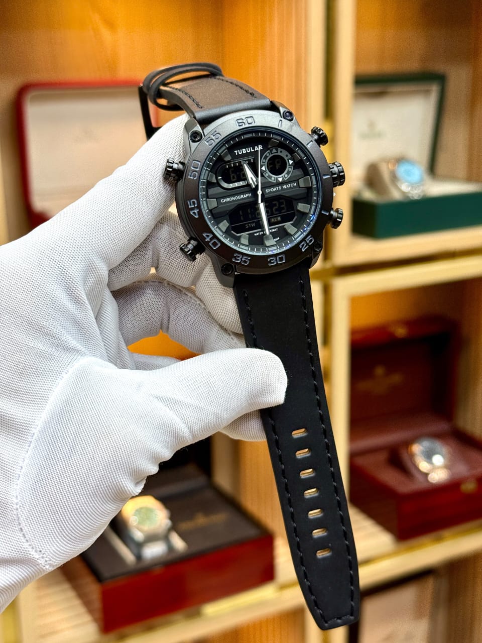 Tubular Dual Display Sports Watch – Black & Gold | Premium Leather Strap