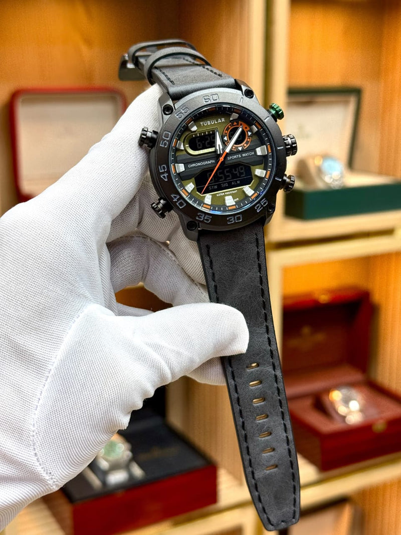 Tubular Dual Display Sports Watch – Black & Gold | Premium Leather Strap