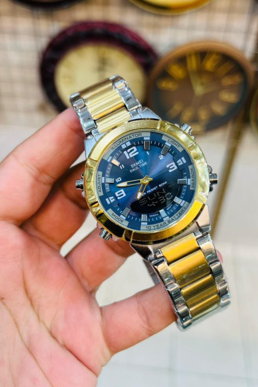 Dual Display Men's Watch – Gold & Silver Strap | Blue Dial