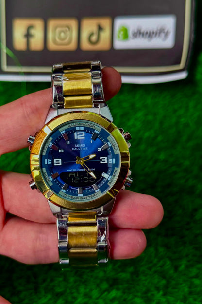 Dual Display Men's Watch – Gold & Silver Strap | Blue Dial
