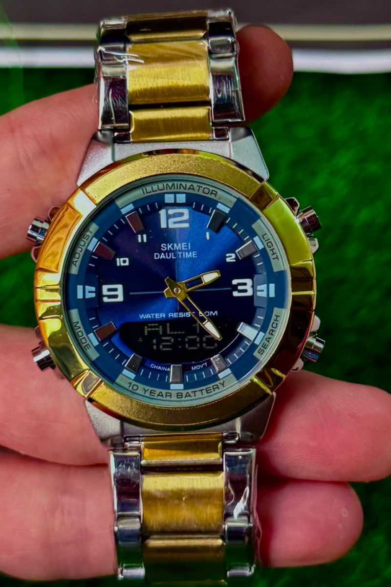 Dual Display Men's Watch – Gold & Silver Strap | Blue Dial