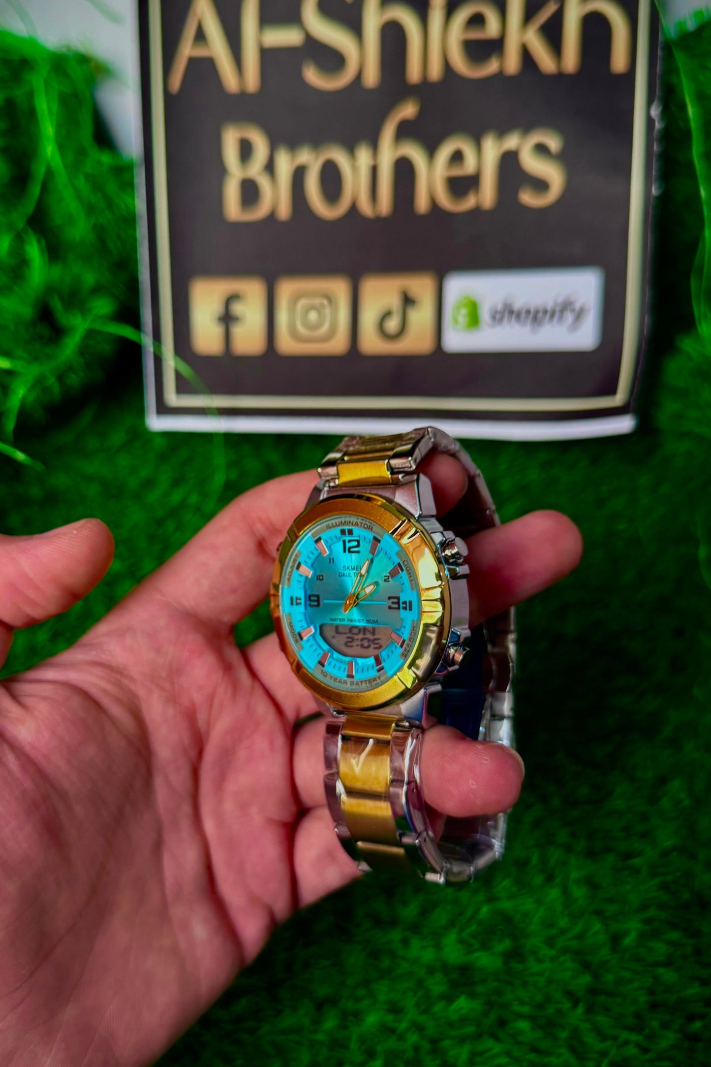 Dual Display Men's Watch – Gold & Silver Strap (Sky Blue Dial)