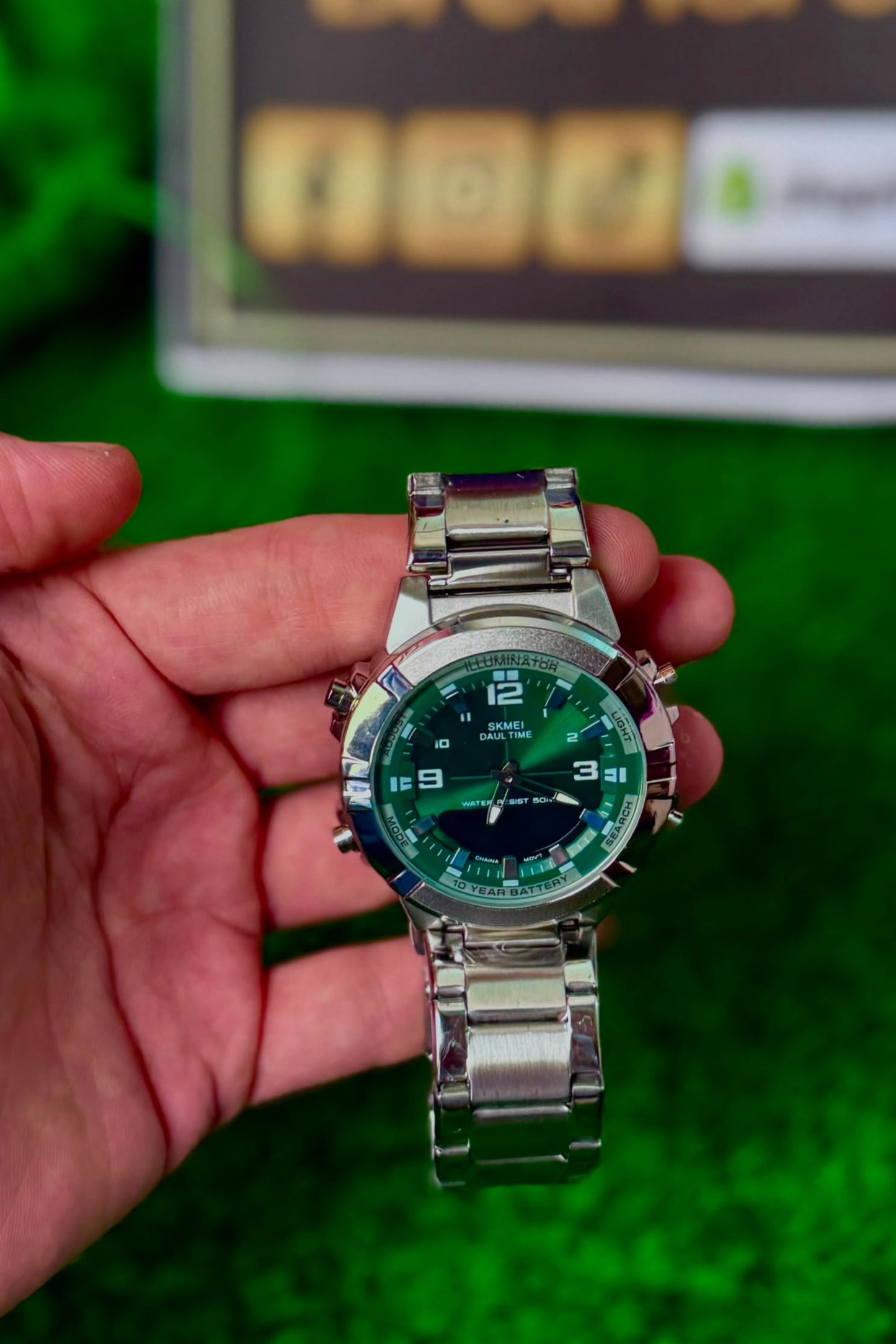 Dual Display Men's Watch – Silver Strap | Green Dial