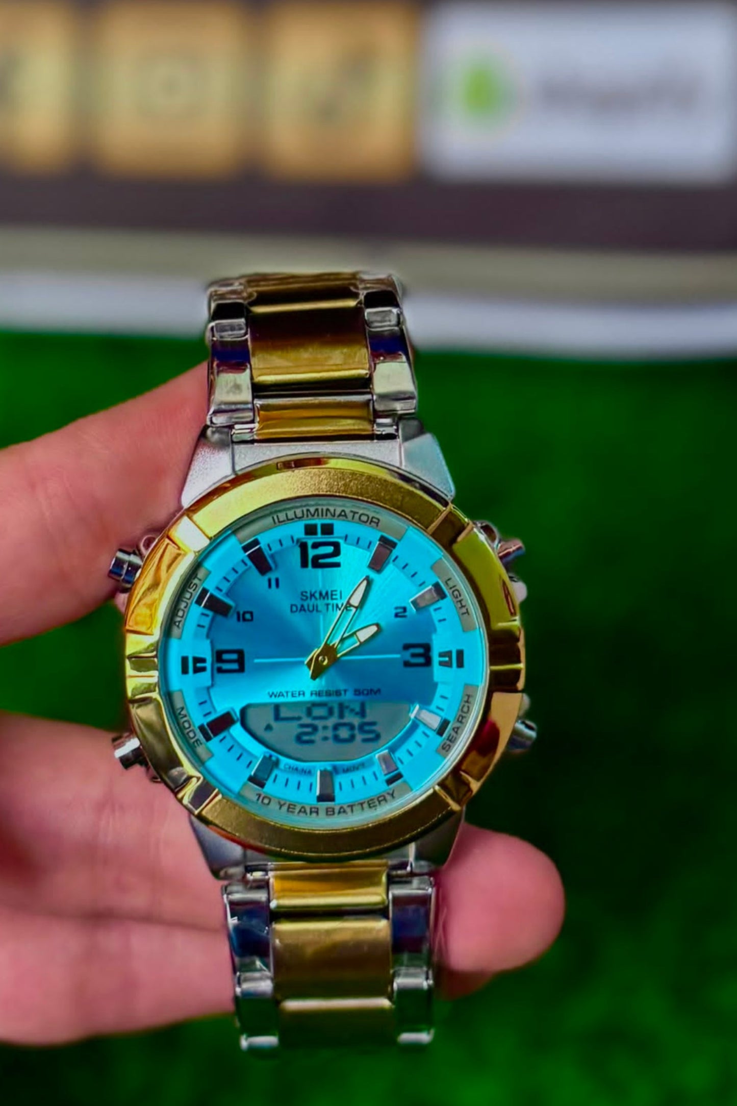 Dual Display Men's Watch – Gold & Silver Strap (Sky Blue Dial)