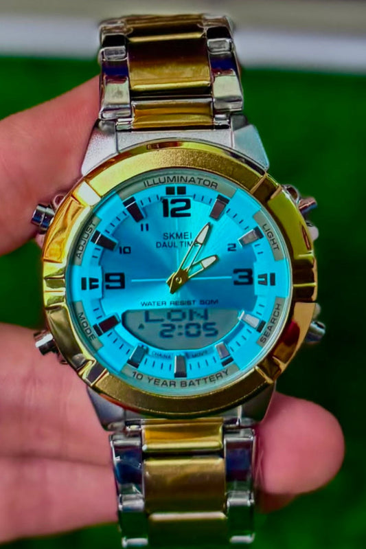 Dual Display Men's Watch – Gold & Silver Strap (Sky Blue Dial)