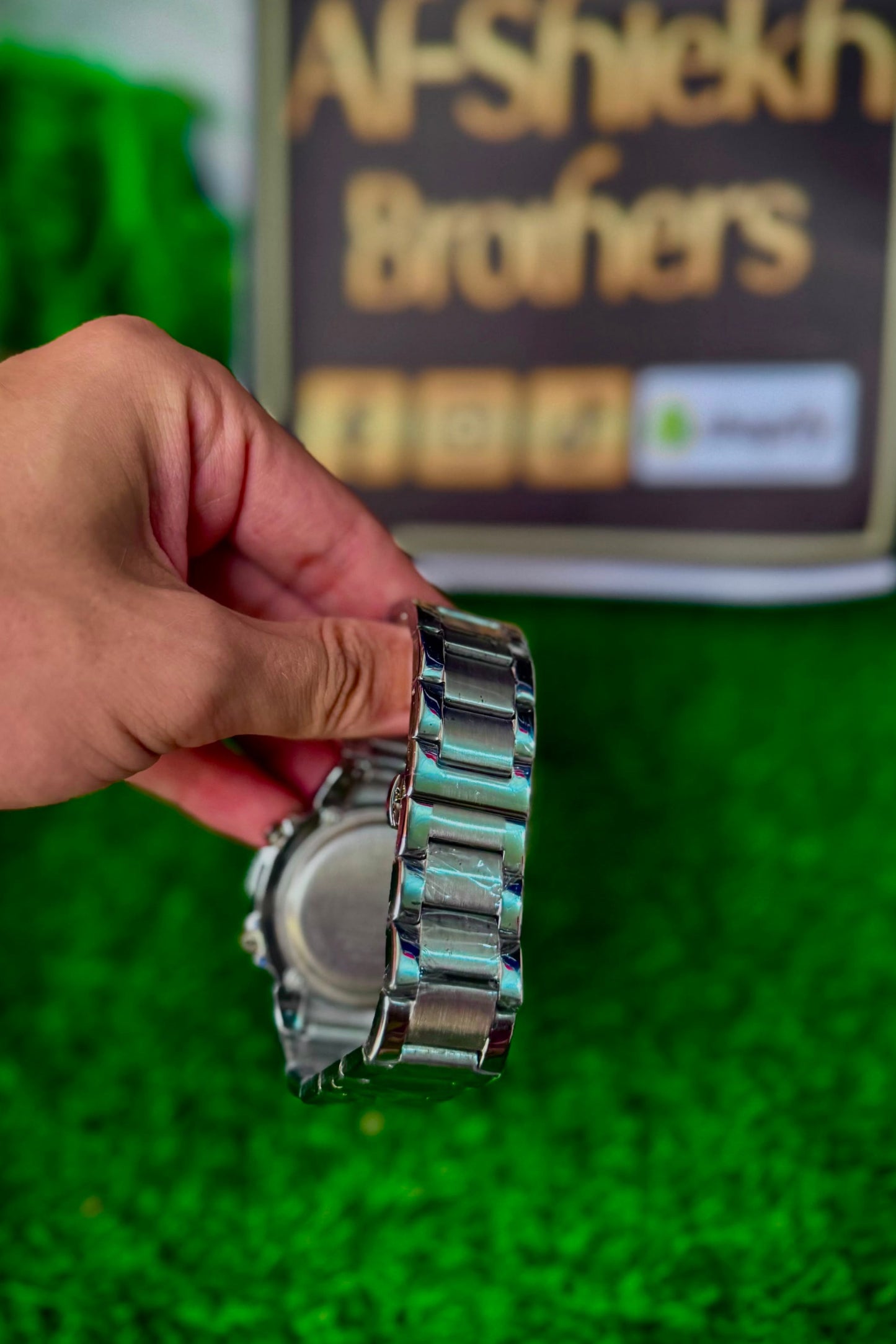 Dual Display Men's Watch – Silver Strap | Green Dial
