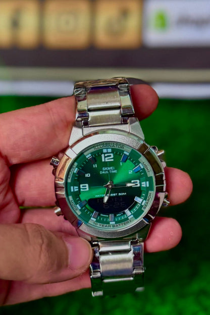 Dual Display Men's Watch – Silver Strap | Green Dial