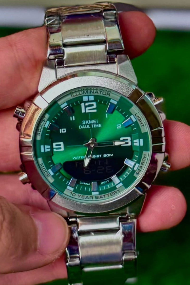 Dual Display Men's Watch – Silver Strap | Green Dial
