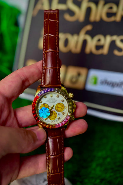RLX Men's Rainbow Quartz Watch – Brown Leather Strap | White Dial with Gold Case