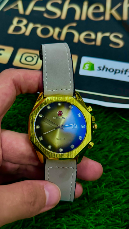 CITIZONE Gold Case Quartz Watch for Men - Diamond Index Dial & Greyish Off-White Leather Strap