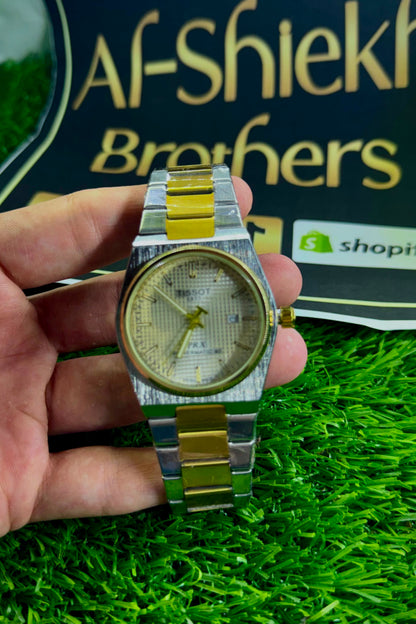 Tst PRX Powermatic 80 Dual Tone Stainless Steel Watch for Men - Gold & Silver Waffle Dial