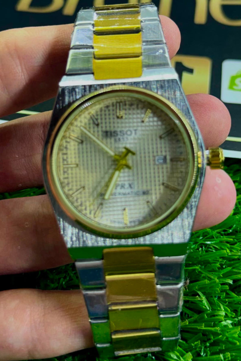 Tst PRX Powermatic 80 Dual Tone Stainless Steel Watch for Men - Gold & Silver Waffle Dial