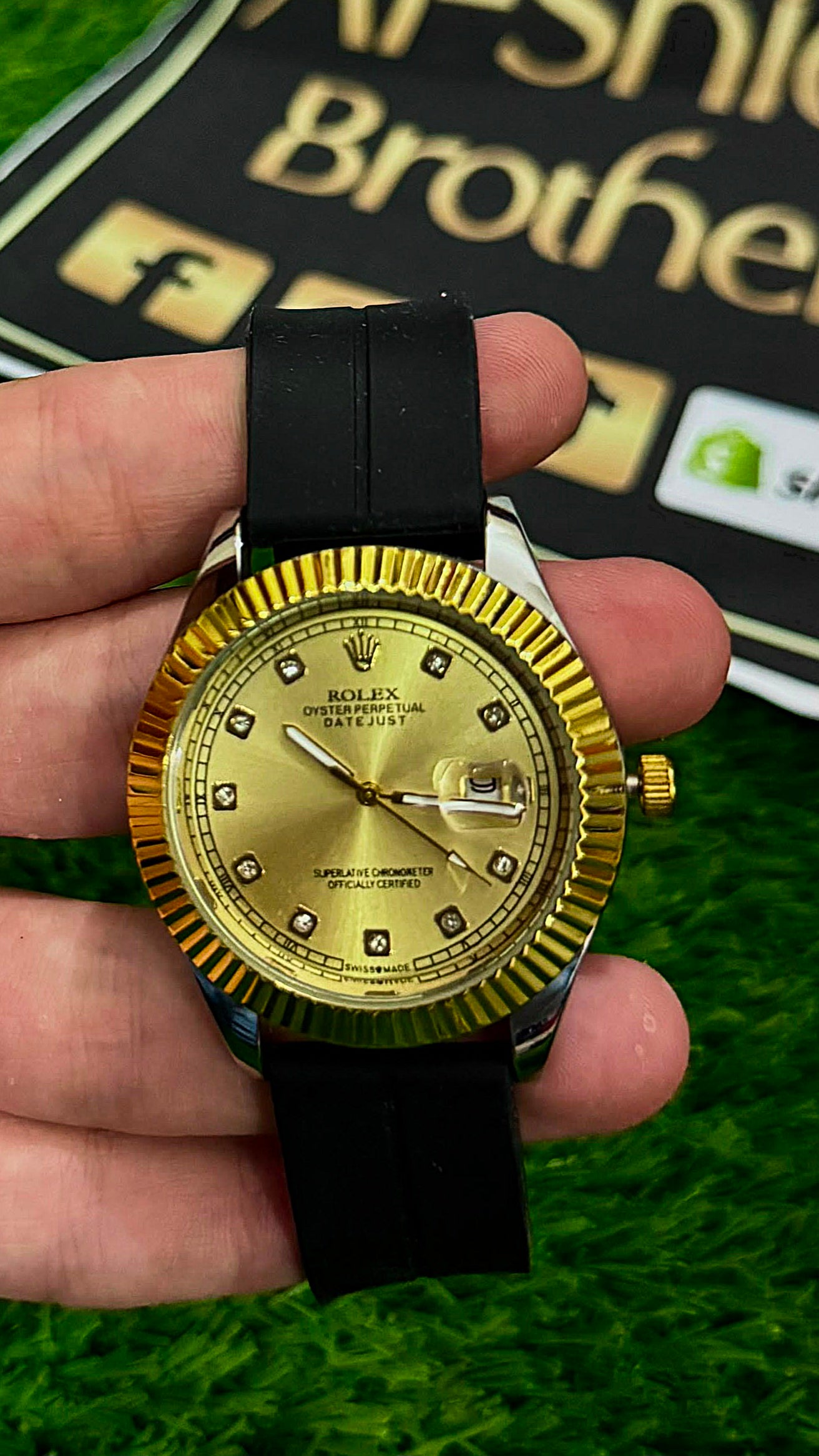 Rlx Datejust Gold Dial Watch for Men - Diamond Markers, Fluted Bezel & Magnetic Lock Silicone Strap