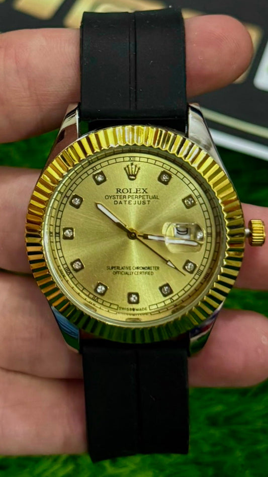 Rlx Datejust Gold Dial Watch for Men - Diamond Markers, Fluted Bezel & Magnetic Lock Silicone Strap