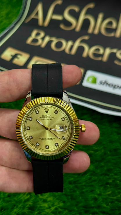 Rlx Datejust Gold Dial Watch for Men - Diamond Markers, Fluted Bezel & Magnetic Lock Silicone Strap