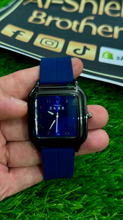 SABR Square Arabic Dial Quartz Watch for Men & Women - Blue Dial & Silicone Strap