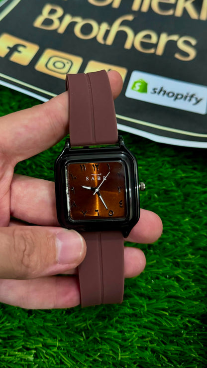 SABR Square Arabic Dial Quartz Watch for Men & Women - Brown Dial & Silicone Strap