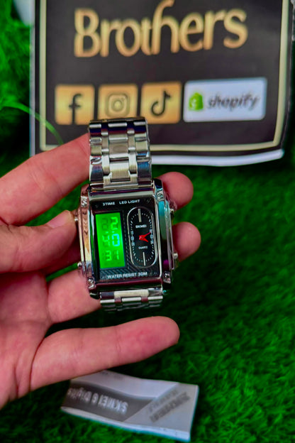 SK-MEI Dual Display Silver Watch – Premium Men's Watch