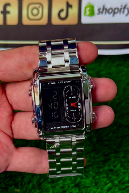SK-MEI Dual Display Silver Watch – Premium Men's Watch