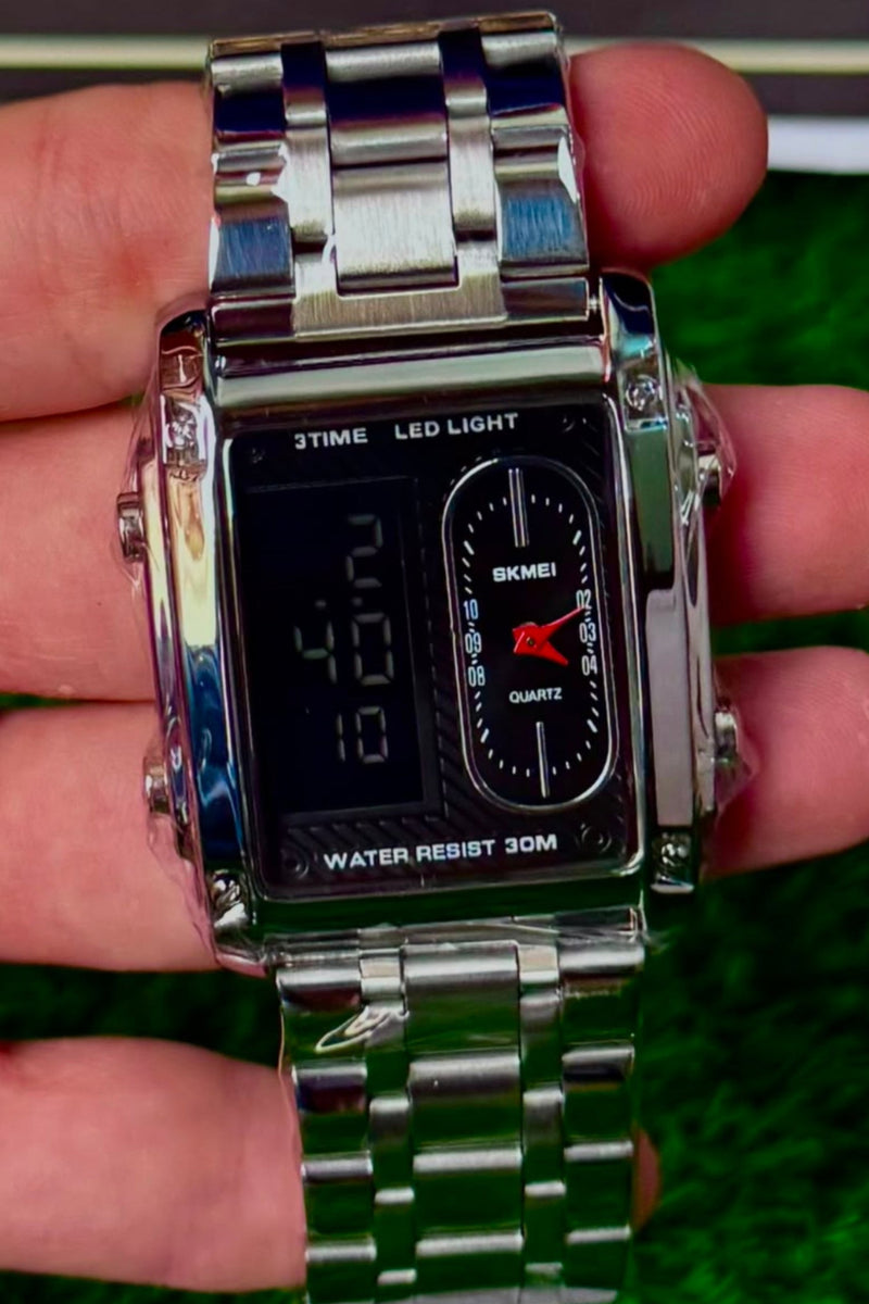 SK-MEI Dual Display Silver Watch – Premium Men's Watch