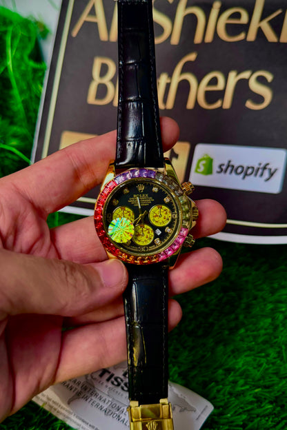 RLX Black Dial Chronograph Watch with Rainbow Bezel & Black Leather Strap