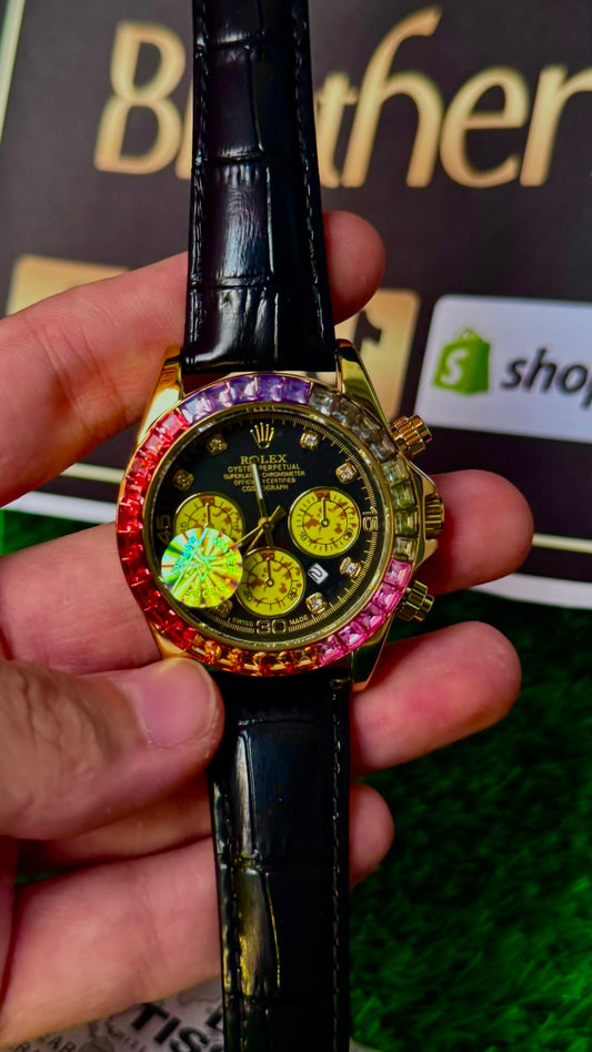 RLX Black Dial Chronograph Watch with Rainbow Bezel & Black Leather Strap
