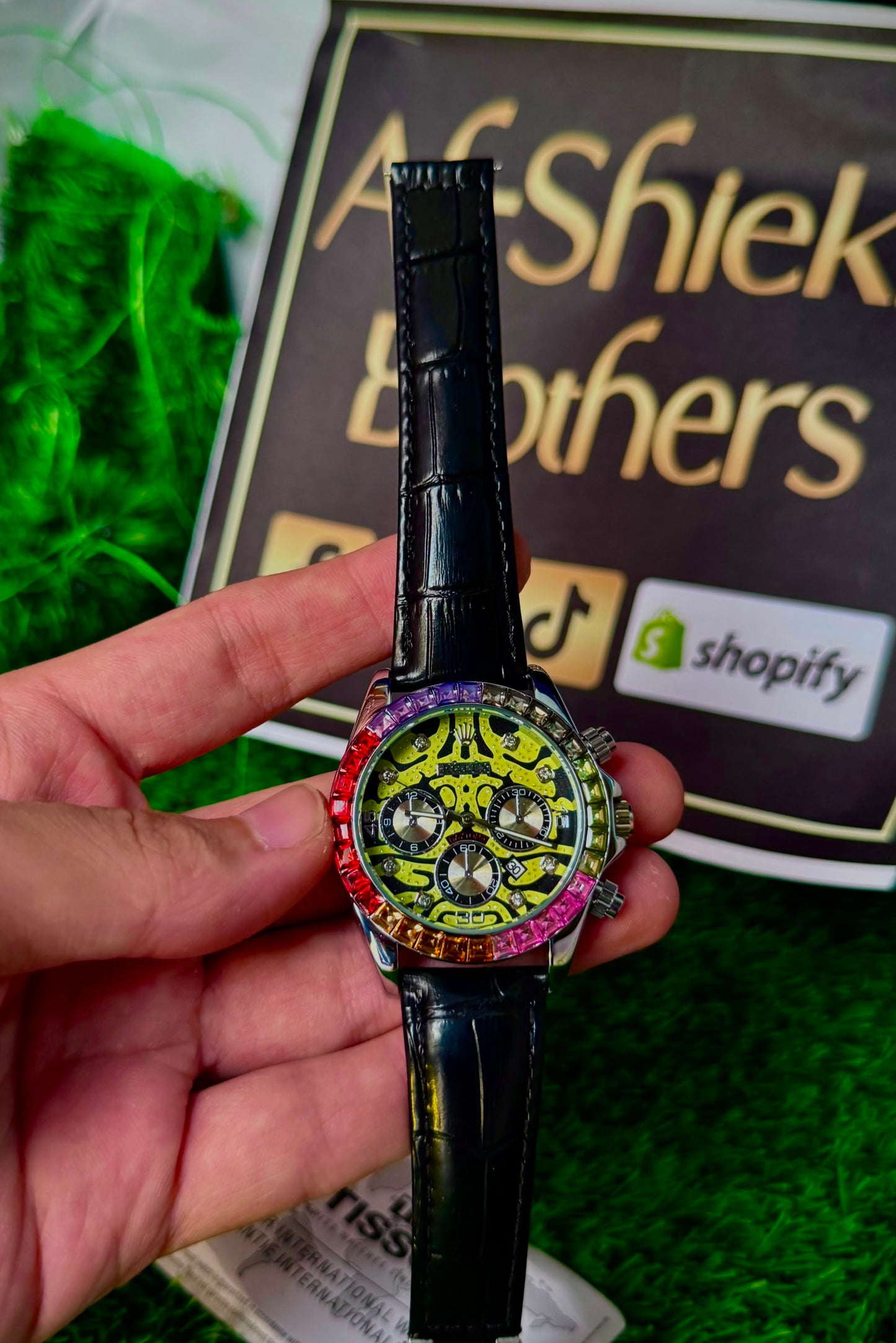 RLX Black Dial Chronograph Watch with Rainbow Bezel & Black Leather Strap