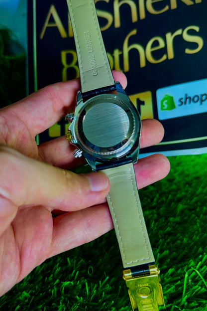 RLX Black Dial Chronograph Watch with Rainbow Bezel & Black Leather Strap