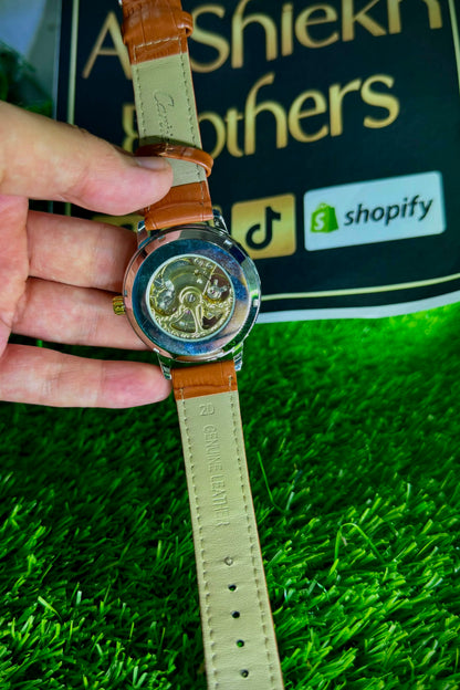 RLX Skeleton Dial Men's Analog Watch – Gold Tone Case with Premium Leather Strap Brown