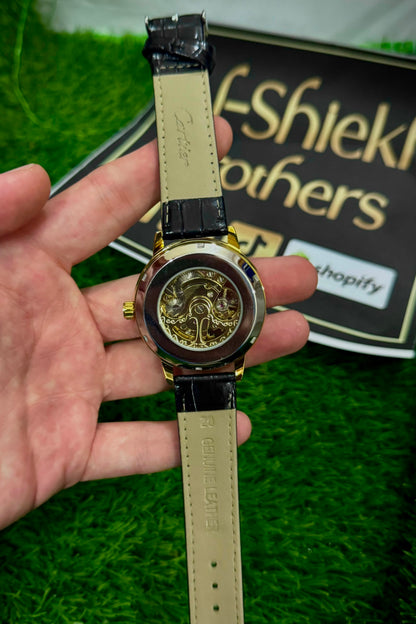 RLX Skeleton Dial Men's Analog Watch – Gold Tone Case with Premium Leather Strap Black