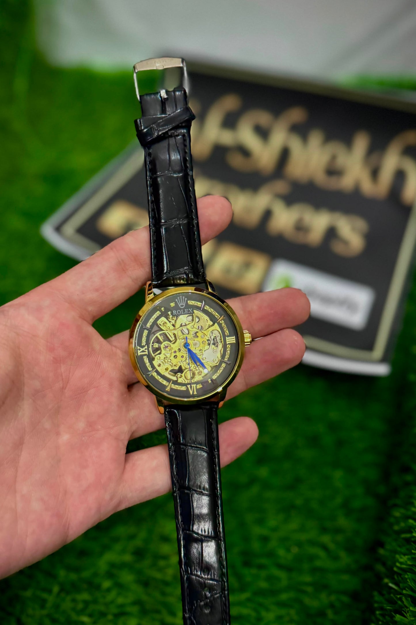 RLX Skeleton Dial Men's Analog Watch – Gold Tone Case with Premium Leather Strap Black