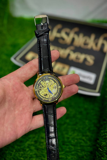 RLX Skeleton Dial Men's Analog Watch – Gold Tone Case with Premium Leather Strap Black