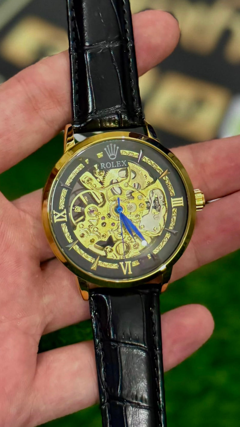 RLX  full automatic Skeleton Dial Men's Analog Watch – Gold Tone Case with Premium Leather Strap Black