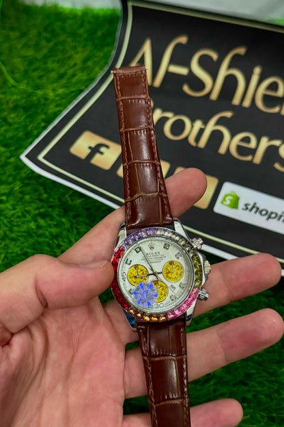 RLX Men's Rainbow Quartz Watch – Brown Leather Strap | White Dial with Gold Case