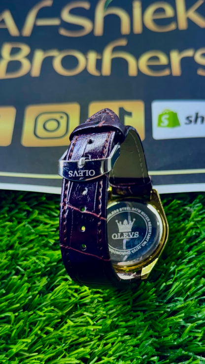 OLEVS Gold Dial Chronograph Quartz Watch for Men - Brown Crocodile Leather Strap