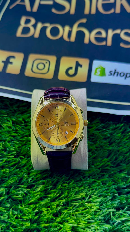 OLEVS Gold Dial Chronograph Quartz Watch for Men - Brown Crocodile Leather Strap