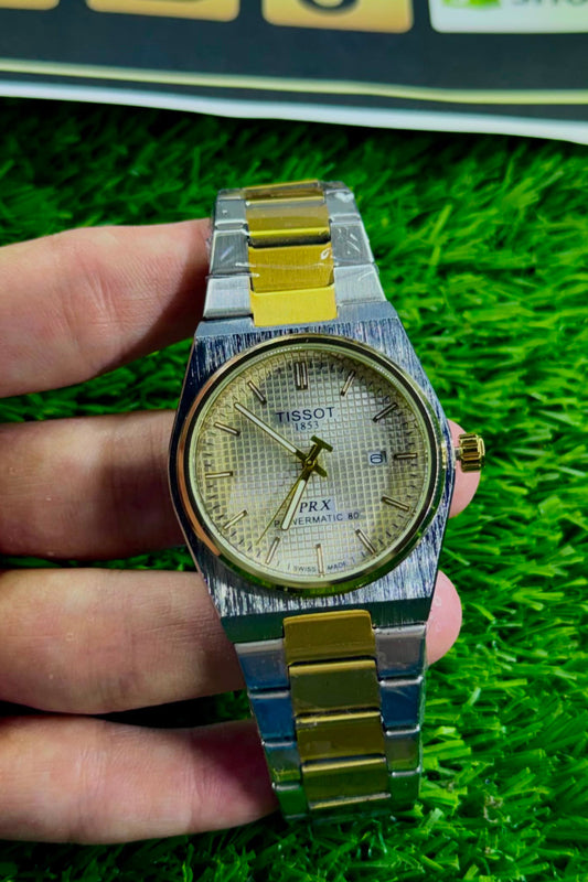 Tst PRX Powermatic 80 Dual Tone Stainless Steel Watch for Men - Gold & Silver Waffle Dial